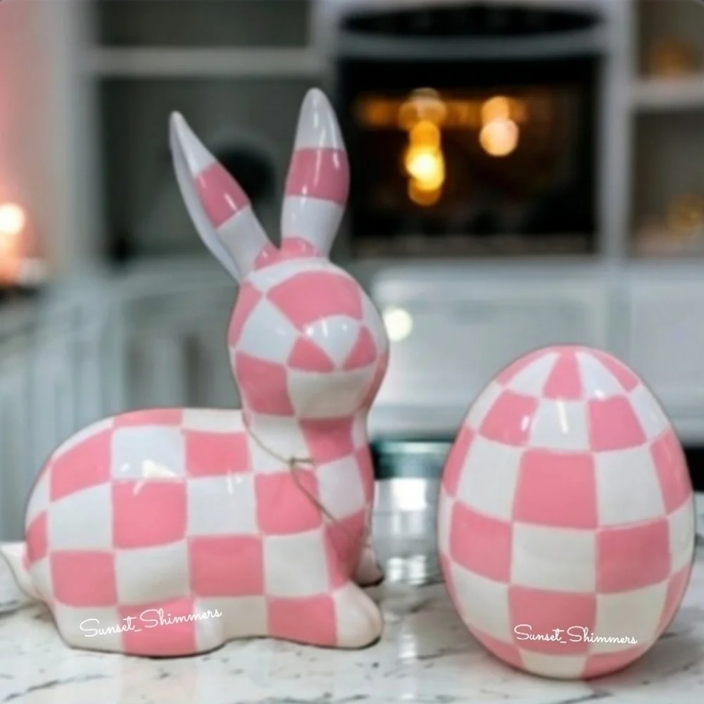 2pc Pink White MacKenzie Style Courtly Check Easter Bunny Rabbit & Egg Decor Set